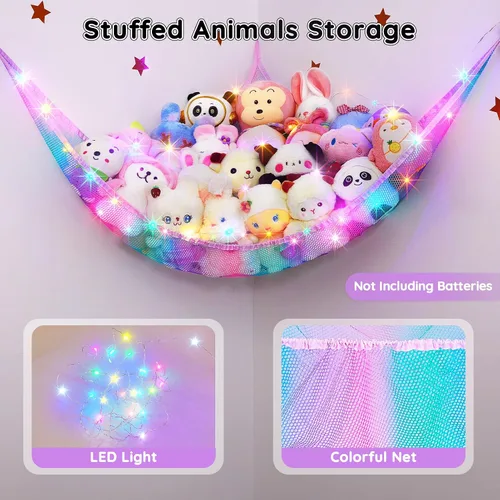 Vista 3 de Unicorn Castle Hamaca de red para animales de peluche, almacenamiento de juguetes con luz LED, organizador de juguetes de felpa para colgar