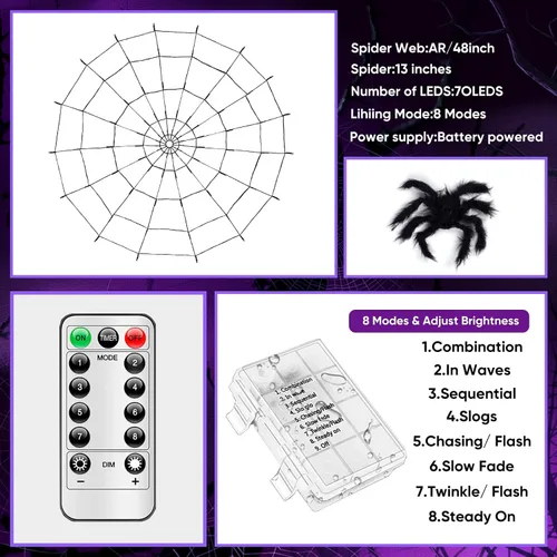 Vista 5 de LCHUANG Decoraciones de Halloween con luces de telaraña – 2 piezas de telaraña iluminadas, 4 pies de diámetro, 70 LED con araña negra, impermeable