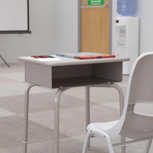 Vista 6 de Flash Furniture Billie - Escritorio para estudiantes – Escritorio escolar de granito gris – Marco de metal plateado – 24 pulgadas de ancho x 18
