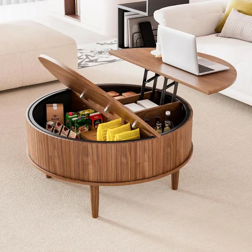 Vista 6 de Mesa de centro redonda acanalada con tapa elevable y almacenamiento, mesa de centro moderna de mediados de siglo para sala de estar, espacio pequeño