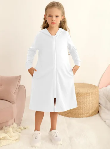 Vista 4 de Veseacky Sudaderas con capucha y cremallera para niñas, de algodón suave, de manga larga, holgada, con bolsillos, de 4 a 13 años