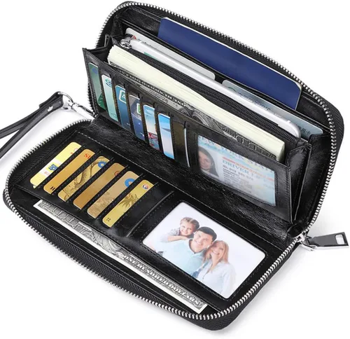 Vista 2 de [Usado] Carteras para mujer con bloqueo RFID de cuero con cremallera alrededor de la cartera de viaje Negro