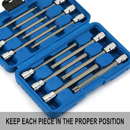 Vista 5 de EMENTOL 12 piezas 3/8" de transmisión Extra Largo Juego de enchufes de brocas torx, CR-V, acero S2, juego de enchufes de brocas de estrella de 5.9