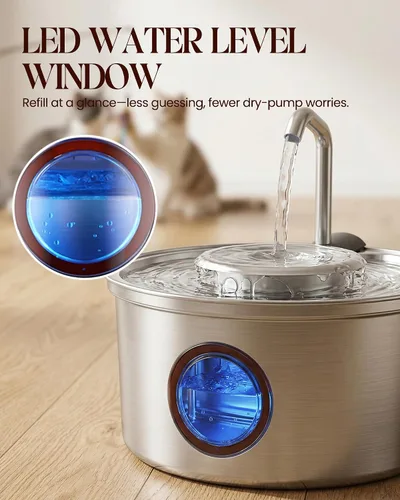 Vista 6 de Fuente de agua para gatos de acero inoxidable, fuente ultra silenciosa para gatos de 108 onzas / 3.2 L para beber con cuenco de agua extraíble