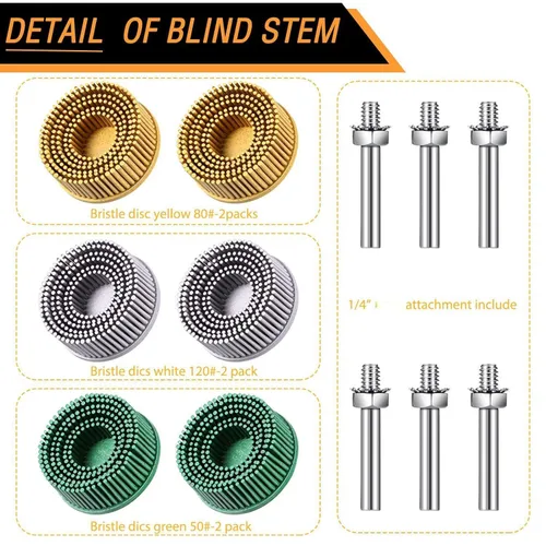 Vista 3 de Honoson - 6 discos de cerdas de 2 pulgadas con accesorio de vástago de 1/4 pulgadas 50 80 120 Grit Assortment, 1/4 Inch Shank Included, Suitable