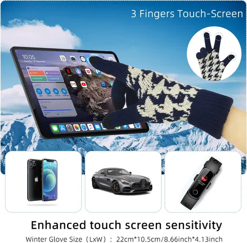 Vista 4 de Conjunto de gorro de invierno cálido para mujer, bufanda larga, guantes para pantalla táctil, clásico a cuadros, de punto calavera, bufandas