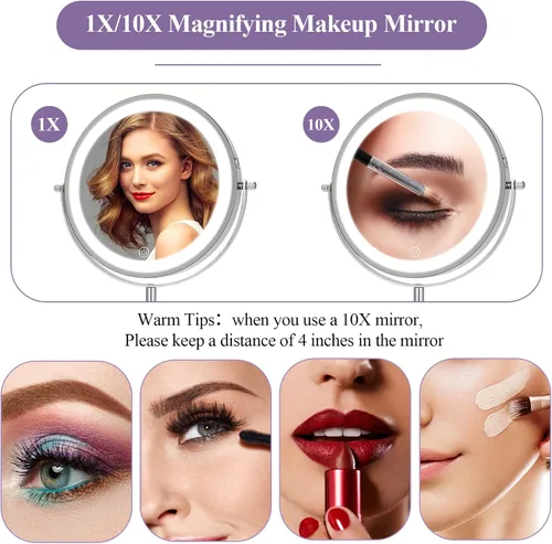 Vista 3 de 8" Makeup Mirror with Lights, 1X/10X Lighted Vanity Mirror with Magnification, 3 Color Adjustable Brightness, 360° Rotating Dual-Side, USB