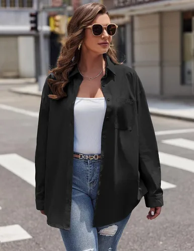 Vista 3 de IN'VOLAND Camisas de manga larga con botones para mujer, talla grande, de algodón, casual, con cuello, holgadas, con bolsillo
