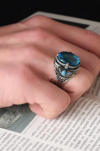 Vista 4 de BayVog 925 Sterling Silver Blue Topaz Gemstone Men's Silver Ring, Handmade Engraved Man Silver Ring gifts for men handmade rings valentines day