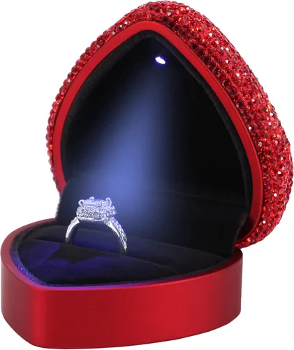 Vista 9 de Naimo Caja de anillo de compromiso, pendientes, moneda, joyero, caja con luz LED, para propuesta, compromiso, regalo de boda Negro