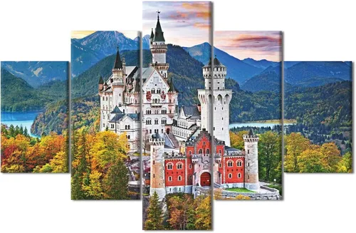 Vista 38 de TUMOVO 5 piezas de arte en lienzo para pared, hermoso castillo de piedra de cisne con paisajes naturales de selva al atardecer, paisajes naturales