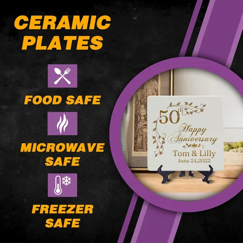 Vista 7 de Placa personalizada para aniversario 50 de boda con soporte, platos cuadrados de cerámica de porcelana de 9 pulgadas, regalo de aniversario dorado