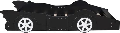 Vista 6 de anwickjeff Cama de plataforma en forma de auto de carreras con ruedas, cama de plataforma de madera tamaño individual con barandilla, cama