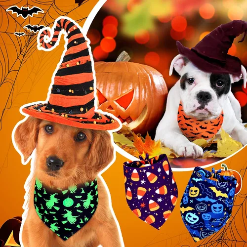 Vista 5 de Newwiee - 200 bandanas de Halloween para perro, diseño de fantasma, grandes Bufanda triangular para mascotas, patrón de calabaza, murciélago