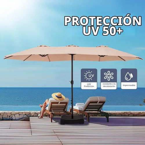 Vista 3 de GREEN PARTY Sombrilla de patio rectangular de 15 pies con base incluida, sombrilla de mesa de doble cara con manivela, sombrillas grandes