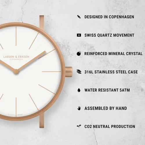 Vista 2 de Larsen & Eriksen Essentiel Reloj de pulsera analógico minimalista de cuarzo 1.378in Resistencia al agua 5 ATM Diseño danés Ensamblado a mano