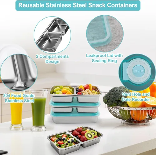 Vista 2 de Recipientes reutilizables de acero inoxidable con tapas, contenedores de doble compartimento para aperitivos, recipientes pequeños para condimentos