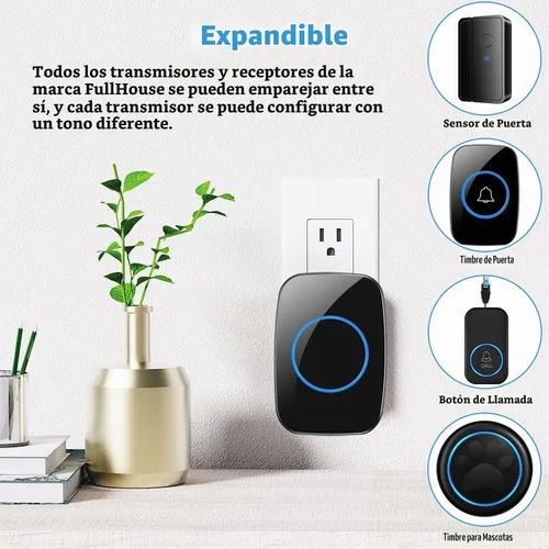 Vista 5 de FullHouse - Kit de timbre inalámbrico e impermeable para puerta, distingue las puertas delanteras y traseras, alcance de más de 1000 pies y 60