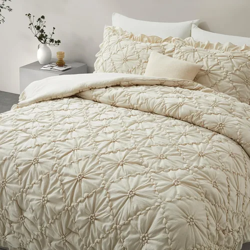 Vista 7 de BEDAZZLED Juegos de Edredón Tamaño Queen, Juego de Ropa de Cama Edredón Beige, 3 Piezas Juegos de Ropa de Cama con Pliegues Pinzados con Edredón