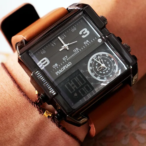 Vista 2 de Reloj de pulsera digital cuadrado unisex, reloj de cuarzo de cara grande LED, reloj automático analógico con cronómetro impermeable con zona