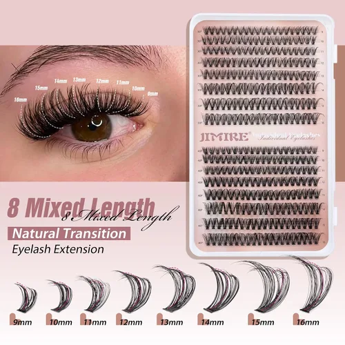 Vista 2 de JIMIRE Extensiones de pestañas naturales en racimo 320 piezas, extensiones de pestañas en racimo Wispy 30D+40D, rizadas en D, 9-16MM, mezcladas