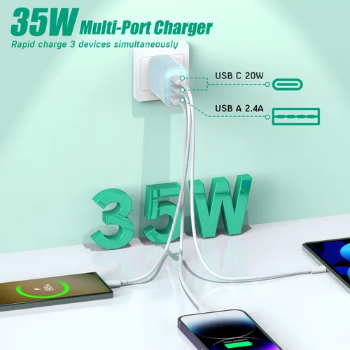 Vista 2 de Paquete de 2 bloques de cargador para iPhone 17, bloque de cargador USB C de 35 W y 3 puertos de carga rápida, enchufe de pared multipuerto USB C