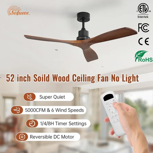 Vista 5 de Sofucor - Ventilador de techo de 52 pulgadas sin luces, moderno, de madera maciza, con control remoto, 5000 CFM de alto flujo de aire, motor CC