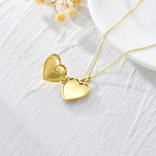 Vista 5 de MUUYON 9K Gold Personalized Photo Locket Necklace Heart Shaped for Women, Real Yellow Gold Cross Custom Locket Necklace That Hold Picture for Women