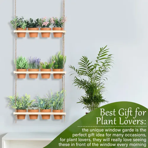 Vista 7 de FillTouch Macetas colgantes de hierbas de 3 niveles para colgar en la pared de jardín de hierbas con 12 piezas de maceta vertical de madera