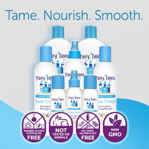 Vista 4 de Fairy Tales Tangle Tamer Super Charge Champú desenredante y acondicionador para niños, kit de viaje, sin parabenos, sin sulfatos, sin gluten, sin