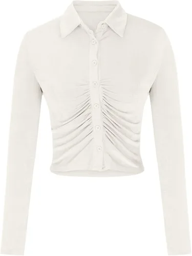 Vista 4 de Ropa de otoño para mujer 2022, sexy, ajustado, manga larga, con cuello abotonado, blusas plisadas, estilo casual