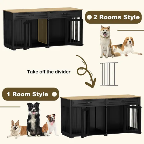 Vista 3 de Muebles para Perrera, 64.6 Pulgadas de Madera Resistente Jaula para Perros Grande Estilo Mueble con Cajones y Divisor, Casa para Perros