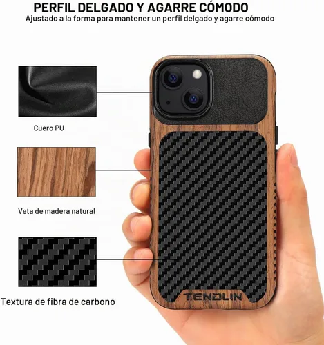 Vista 3 de TENDLIN Compatible con Funda para iPhone 13 de Grano de Madera con Textura de Fibra de Carbono Diseño Híbrido de Cuero Compatible para iPhone 13
