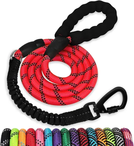 Vista 35 de Correa de perro de cuerda de 3 pies: correa resistente con gancho giratorio bloqueable, hilos reflectantes, bungee y asa acolchada - Correa