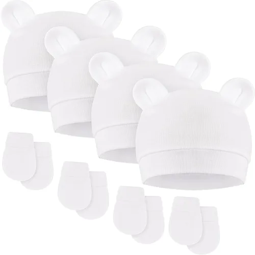 Vista 18 de DRESHOW Gorro de recién nacido con orejas de oso y manoplas, conjuntos de gorro de algodón para prematuros, gorro de bebé para niño y niña, gorro