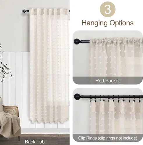 Vista 6 de Cortinas Beige Semitransparentes de 63 Pulgadas de Largo para Dormitorio, Sala de Estar, Guardería Infantil, Ventana con Diseño de Pompón