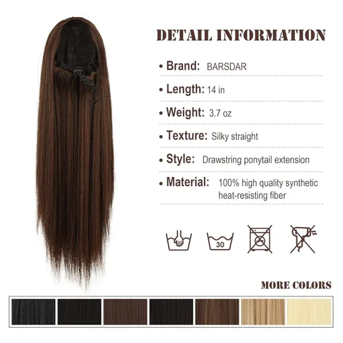 Vista 5 de Barsdar Extensión de cola de caballo marrón oscuro - Extensiones de cola de caballo cortas y rectas de 14 pulgadas con cordón para mujeres