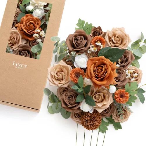 Vista 33 de Ling's moment Caja de Flores Falsas, Tallos de Vegetación Artificial Falsa Rosas de Espuma Dalia Hortensia de Seda Peonía Flor de Tela para Centros