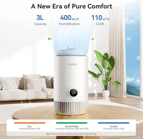 Vista 3 de Humidificador y purificador de aire en uno, humidificador evaporativo y purificador de aire HEPA combinado para dormitorio, tanque de agua de 0.8