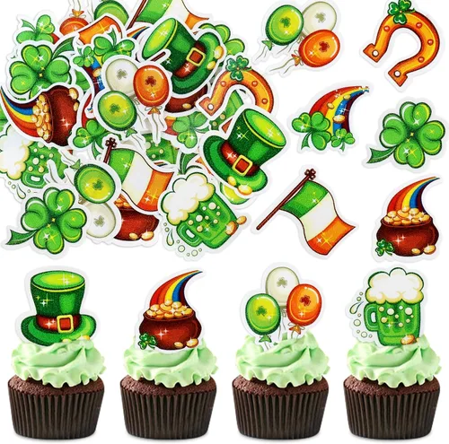 Vista 17 de Juego de 1 palillos para tartas de trébol, decoración de trébol con purpurina verde dorada para cumpleaños, baby shower, suministros de fiesta