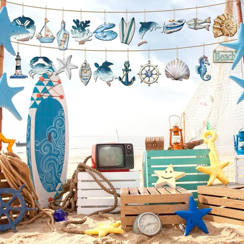 Vista 7 de 20 adornos de metal oceánico oceánico costero de navegación náutica para árbol, estrellas de mar, caballito de mar, tortuga, decoraciones colgantes