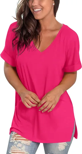Vista 4 de SAMPEEL - Camisetas de verano con cuello en V para mujer, camiseta informal de manga corta y con abertura lateral