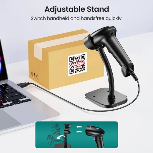 Vista 5 de Escáner de código de barras con soporte, Inventario con cable USB 2D 1D Escáner de código QR para computadora POS MAC con escaneo automático