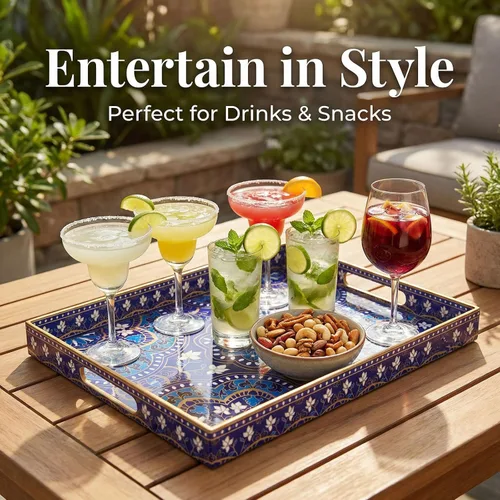 Vista 5 de Bandeja decorativa para servir con asas, 15.7 x 11.8 pulgadas, bandeja rectangular de plástico con patrón de mandala azul, bandeja de mesa auxiliar
