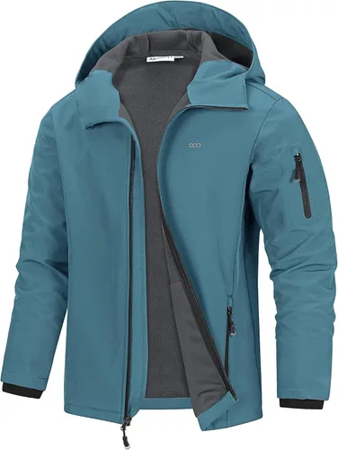 Vista 9 de 33,000ft Chaqueta de softshell con capucha para hombre, impermeable, ligera, aislada, cortavientos, forro de forro polar, chaqueta de lluvia Verde