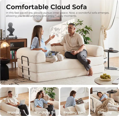 Vista 8 de Sofá cama convertible 5 en 1 de 79 pulgadas, sin montaje, sofá cama sin hueso con espuma de alta densidad, sofá cama plegable, sofá modular de pana