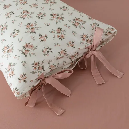 Vista 4 de Fundas de almohada de flores rosadas, 2 piezas, fundas de almohada de cama florales con elegantes lazos, 100% algodón, fundas de almohada estándar