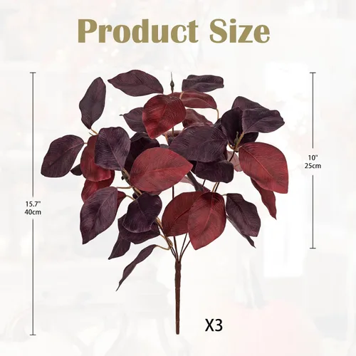Vista 2 de Briful 3 piezas de hojas de otoño artificiales de magnolia arbustos de hojas de otoño de 15 pulgadas, color burdeos para florero, arreglo floral 3