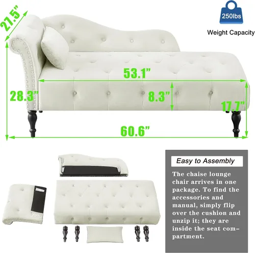 Vista 2 de Anwick Chaise Lounge - Silla reclinable tapizada para interiores, moderna y tapizada para sala de estar, dormitorio, sofá cama (blanco)