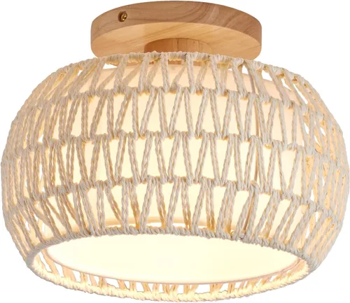 Vista 8 de Lámpara de techo de ratán bohemio, 3 opciones de estilo, luces de techo de mimbre semiempotradas, accesorios de luz costera beige, candelabro